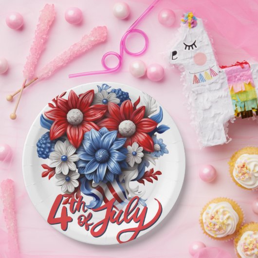 4 juli Bloemen in Rood Wit & Blauw Patriottisch Papieren Bordje (Feest)