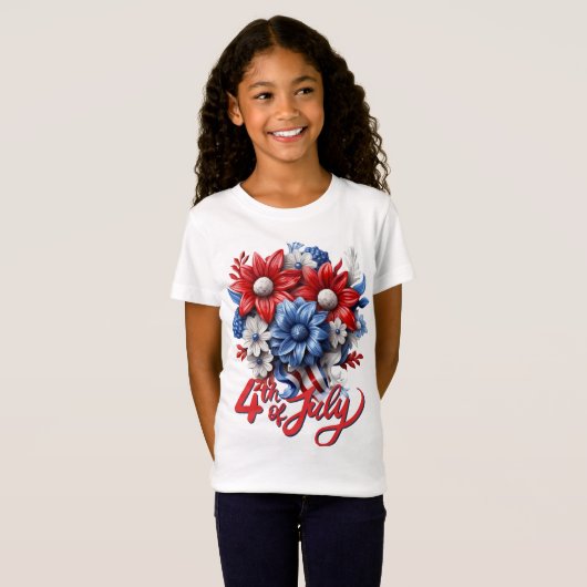 4 juli Bloemen in Rood Wit & Blauw Patriottisch T-shirt (Voorkant volledig)