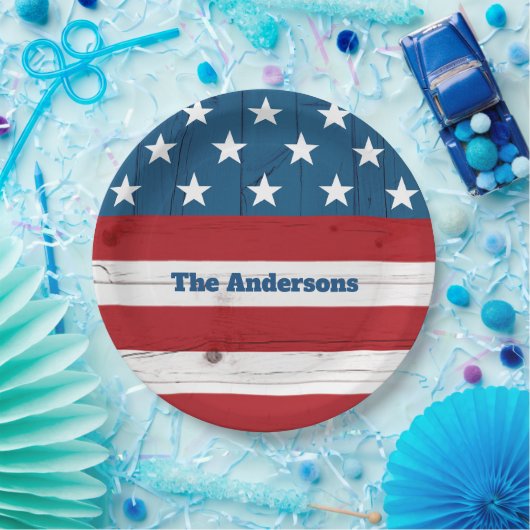 4 juli Bold Stars Stripes Vlag Rustiek Hout Papieren Bordje (Feest)