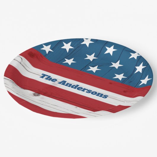 4 juli Bold Stars Stripes Vlag Rustiek Hout Papieren Bordje (Gekanteld)
