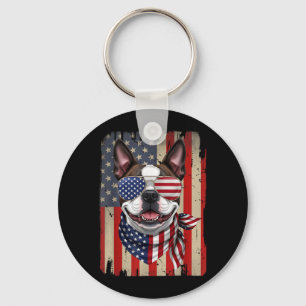4 juli Boston Terrier Hond Amerikaanse Vlag VS Sleutelhanger