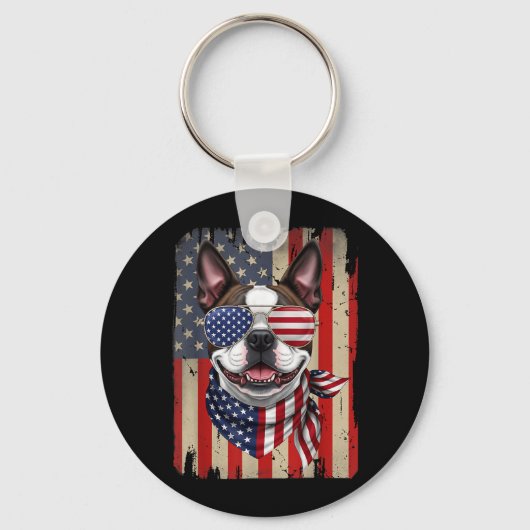 4 juli Boston Terrier Hond Amerikaanse Vlag VS Sleutelhanger (Voorkant)