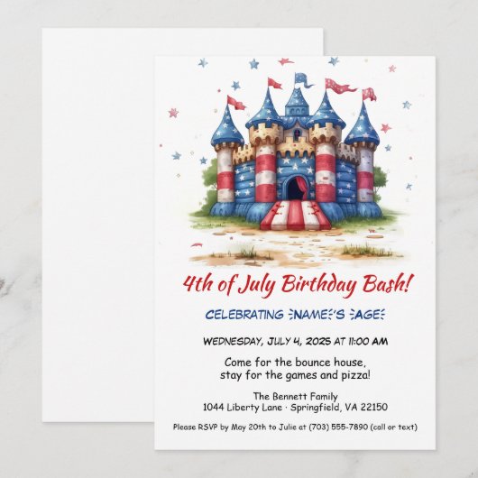 4 juli Bounce House verjaardagsuitnodiging Kaart (Voorkant / Achterkant)