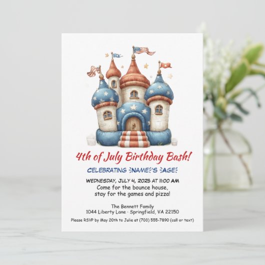 4 juli Bounce House verjaardagsuitnodiging Kaart (Staand voorkant)