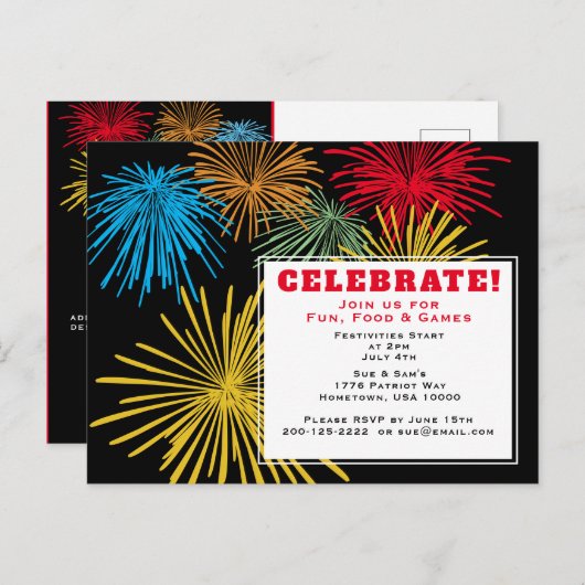 4 juli Briefkaart voor uitnodiging tot feestvieren (Voorkant / Achterkant)