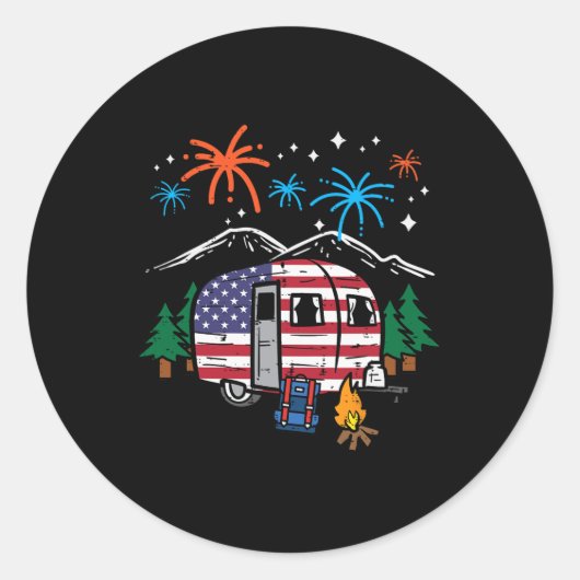 4 juli Camper Van Us Flag Patriottische Camping Vr Ronde Sticker (Voorkant)