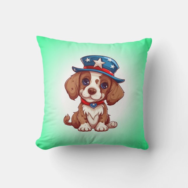 4 juli Cute Puppy Met Amerikaanse Hoed-71009 Kussen (Voorkant)