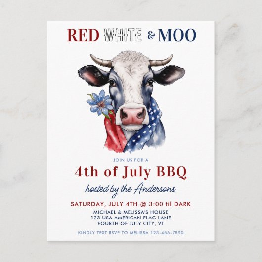 4 juli: De Rode Witte Moo Patriottische Boerderij Uitnodiging Briefkaart (Voorkant)