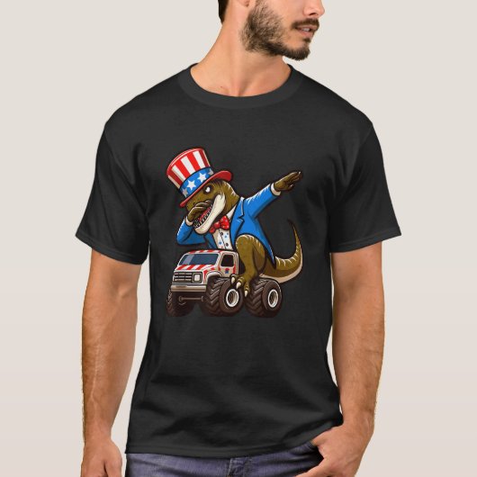 4 juli Dinosaur Monster Truck Amerikaanse vlag P T-shirt (Voorkant)