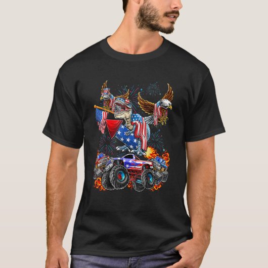 4 juli Dinosaur Monster Truck Bald Eagle Amer T-shirt (Voorkant)