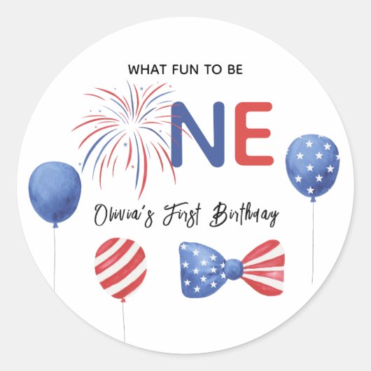 4 juli eerste verjaardagsfeestje ronde sticker (Voorkant)