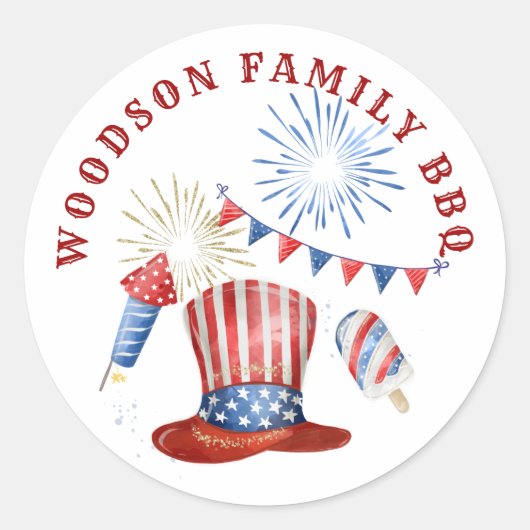 4 juli Familie BBQ Familienaam Ronde Sticker (Voorkant)
