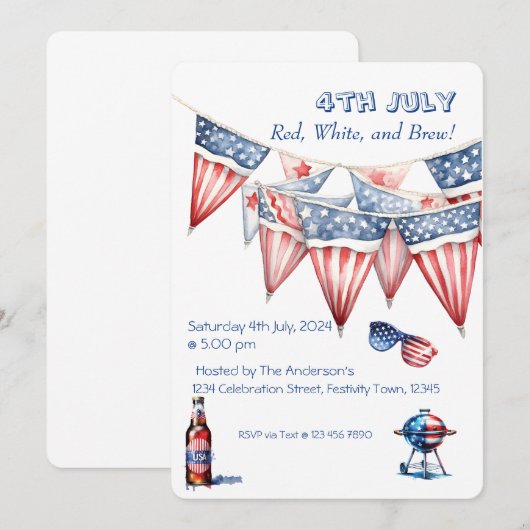 4 juli-feest BBQ uitnodiging aquarel (Voorkant / Achterkant)