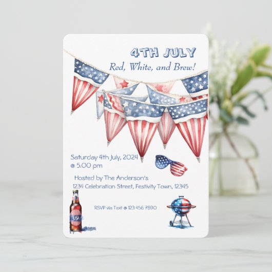 4 juli-feest BBQ uitnodiging aquarel (Staand voorkant)