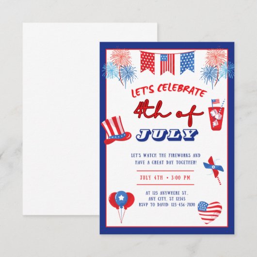 4 juli Feest Uitnodiging Vuurwerk Patriottisch (Voorkant / Achterkant)