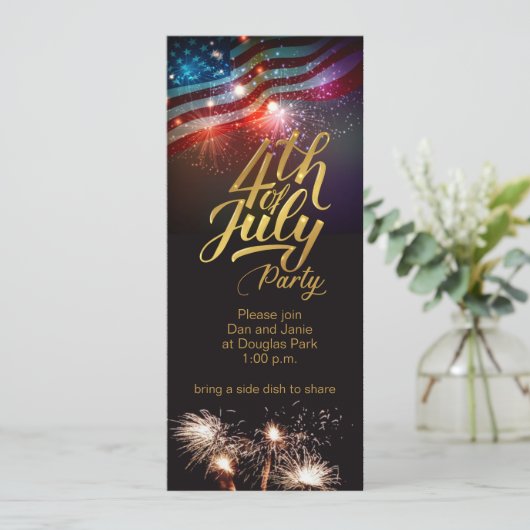 4 juli Feest vuurwerk uitnodiging (Staand voorkant)