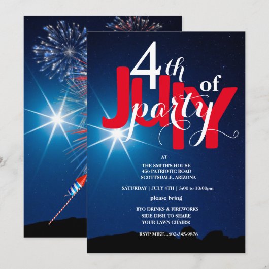4 juli Feeststerren & Vuurwerk Uitnodigingen (Voorkant / Achterkant)