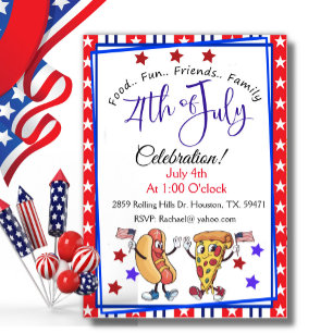 4 juli Feestuitnodiging Patriottische Hotdog & Piz Kaart