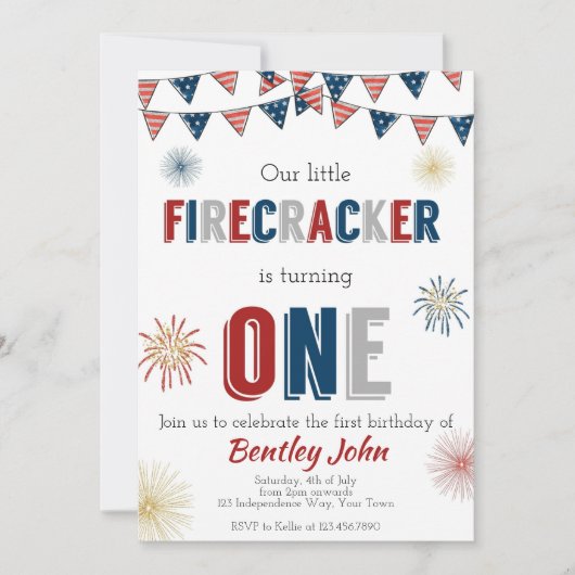 4 juli Firecracker 1e verjaardag uitnodiging (Voorkant)