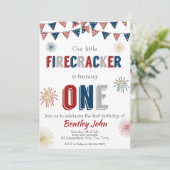 4 juli Firecracker 1e verjaardag uitnodiging (Staand voorkant)