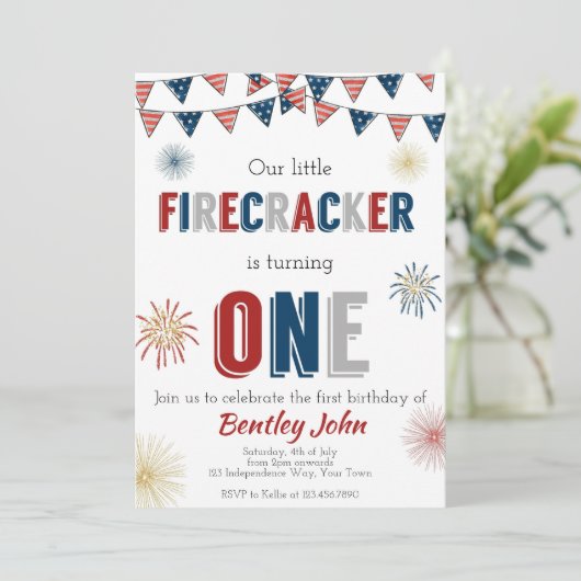 4 juli Firecracker 1e verjaardag uitnodiging (Staand voorkant)