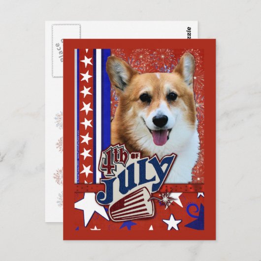 4 juli Firecracker - Corgi Briefkaart (Voorkant / Achterkant)