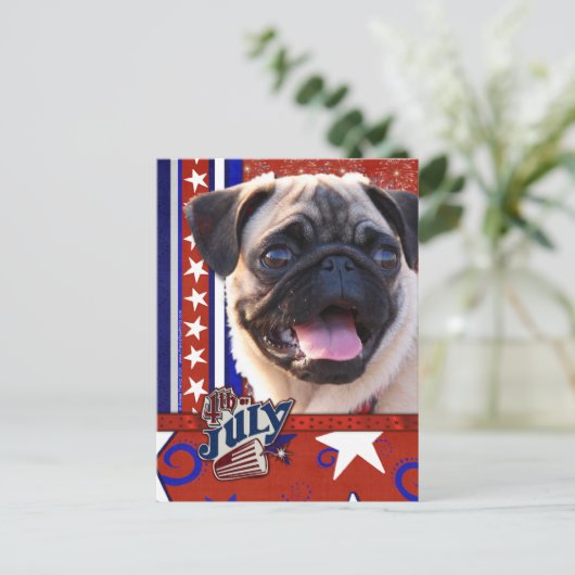 4 juli Firecracker - Pug Briefkaart (Staand voorkant)