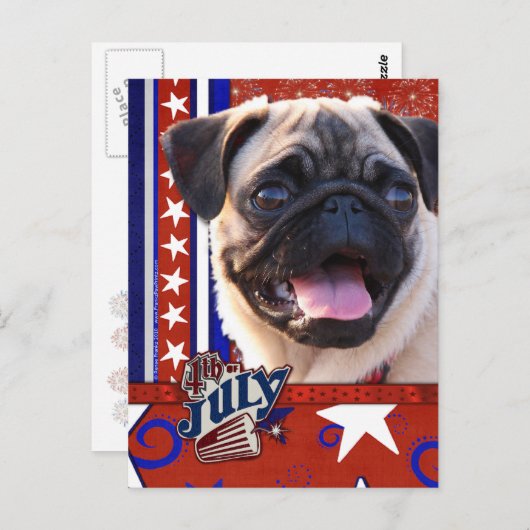 4 juli Firecracker - Pug Briefkaart (Voorkant / Achterkant)