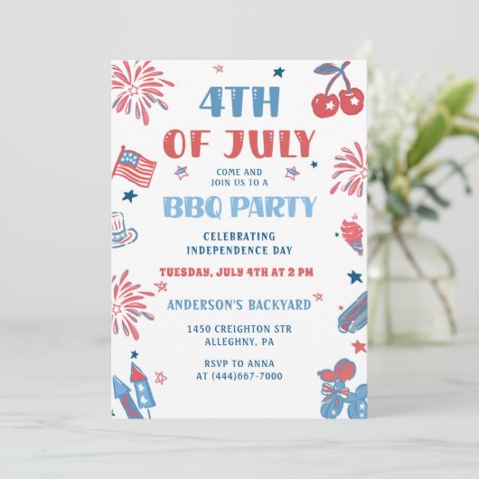 4 juli Fireworks BBQ Uitnodiging (Staand voorkant)