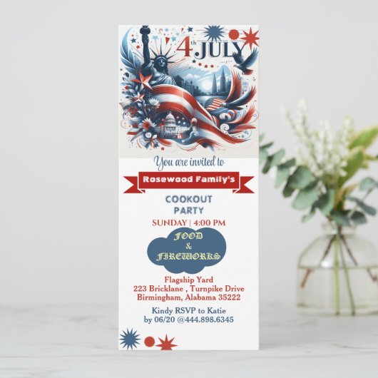 4 juli Food Fireworks Cookout Party Rood Blauw Kaart (Staand voorkant)