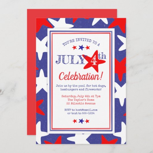 4 juli Fun Stars BBQ Party Kaart (Voorkant / Achterkant)