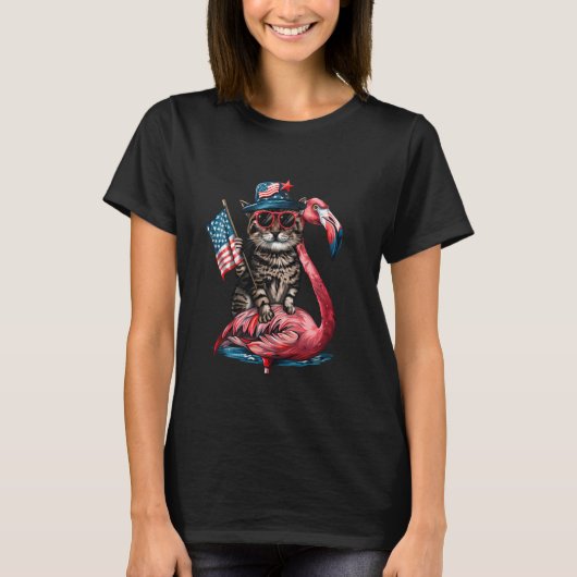 4 juli Funny Cat Flamingo Amerikaanse vlag T-shirt (Voorkant)