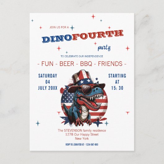 4 juli gelukkige dinosaurus met hoed en bril briefkaart (Voorkant)