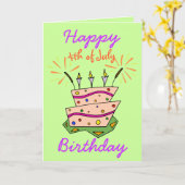 4 JULI GELUKKIGE VERJAARDAG Vuurwerk Cake Kaarsen Kaart (Gele Bloem)