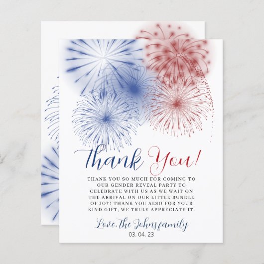 4 juli Gender Reveal Dank je kaart. (Voorkant / Achterkant)