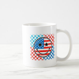 4 juli geruite glimlach gezicht rood wit blauw VS Koffiemok