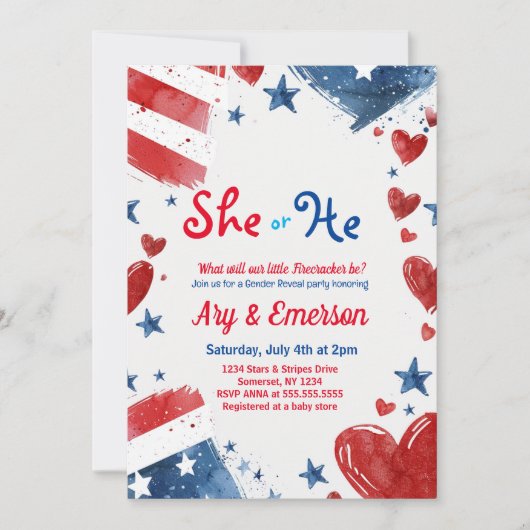 4 juli Geslacht onthullen Party uitnodiging (Voorkant)