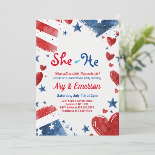 4 juli Geslacht onthullen Party uitnodiging (Staand voorkant)