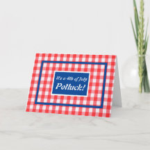 4 juli, gingham, rood, wit en blauw Uitnodiging