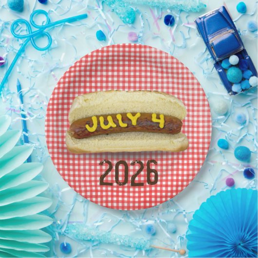 4 juli Hete Dog op Gingham Napkins Papieren Bordje (Feest)