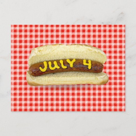 4 juli Hete Dog op Red Gingham Briefkaart (Voorkant)