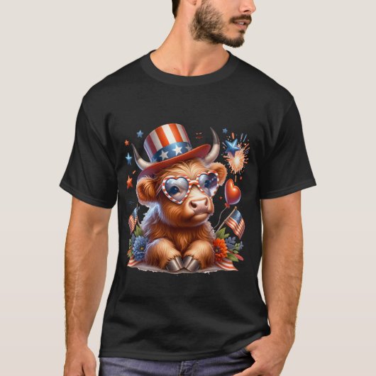 4 juli Highland Koe Schattige Amerikaans T-shirt (Voorkant)