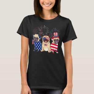 4 juli hond drie pug honden Cool Amerikaanse vlag T-shirt