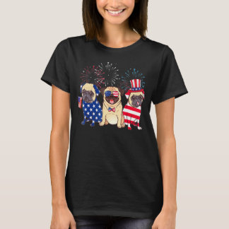 4 juli hond drie pug honden Cool Amerikaanse vlag T-shirt