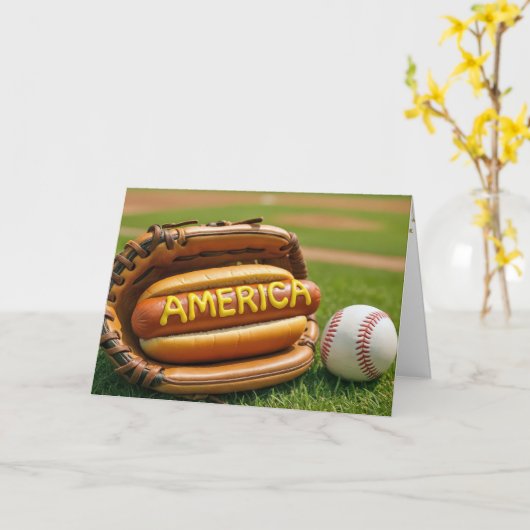 4 juli Hot Dog in honkbalhandschoen Kaart (Gele Bloem)