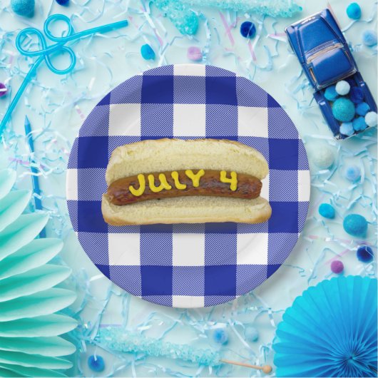 4 juli Hot Dog op Buffalo Plaid Papier Bord (Feest)