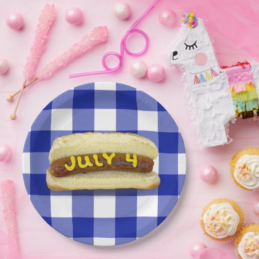 4 juli Hot Dog op Buffalo Plaid Papier Bord (Feest)
