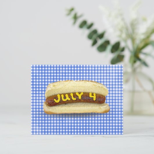4 juli Hot Dog op Gingham Briefkaart (Staand voorkant)