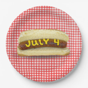 4 juli Hot Dog op Gingham Papieren Bordje
