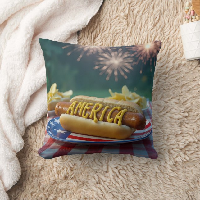 4 juli hotdog en vuurwerk kussen (Deken)